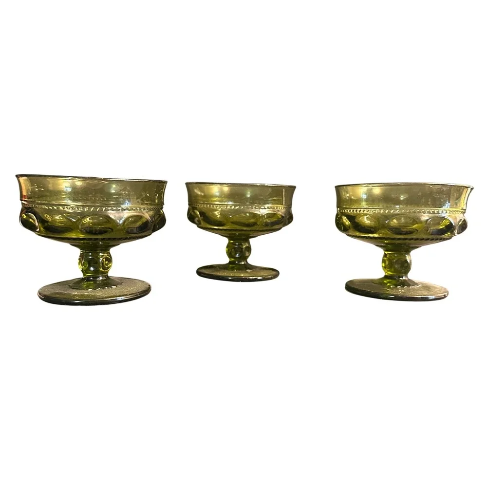 Indiana Glass Kings Crown Thumbprint Sherbet Coupes Olive Green‎ MCM Set of 3